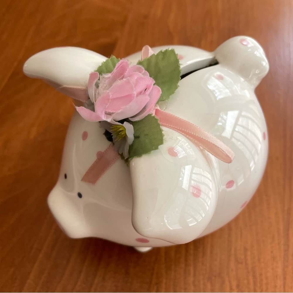 Vintage Enesco Piggy Bank Pink Dot w/Flower Hair Bow & Ribbon - Taiwan